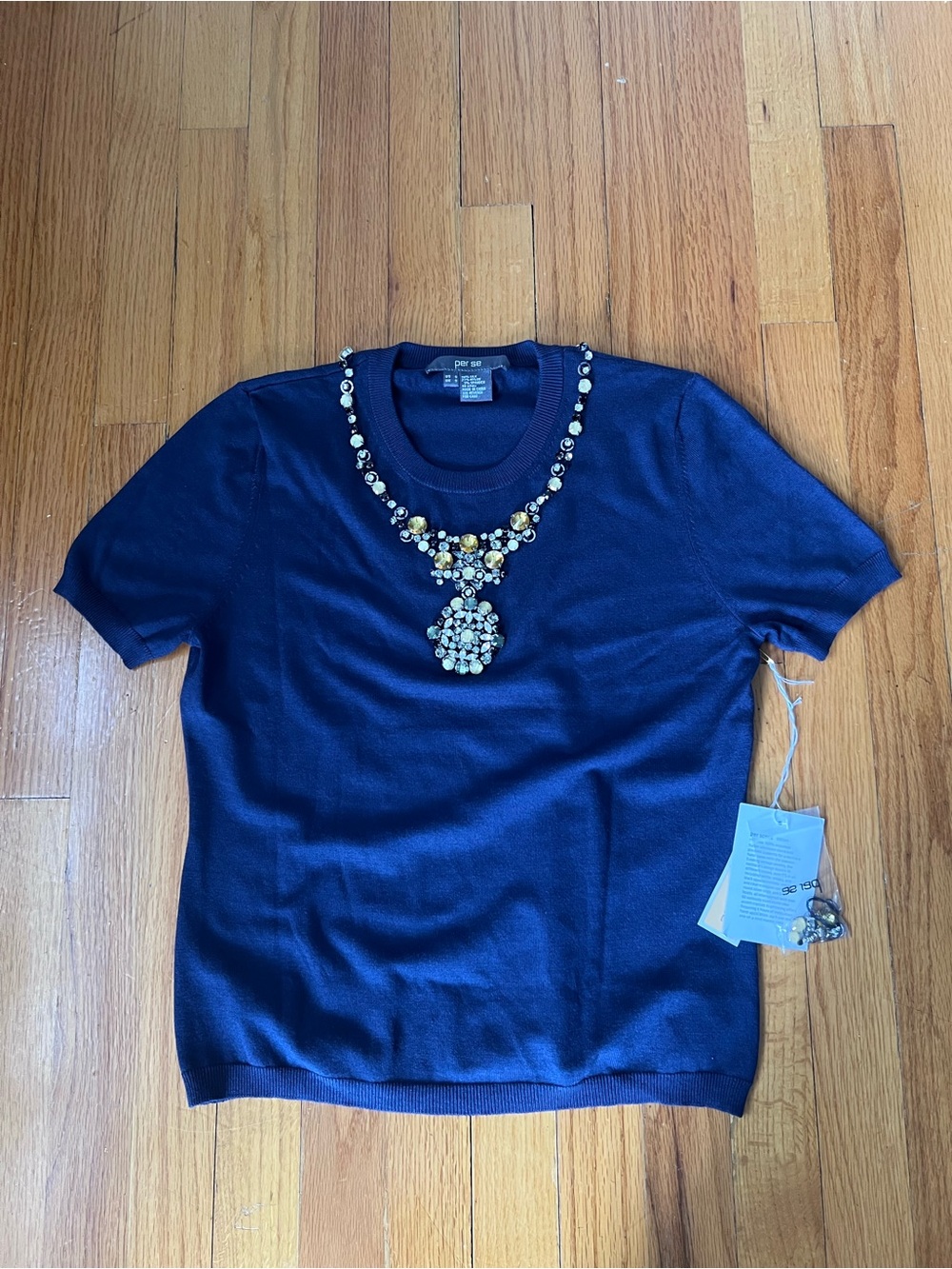 Per Se Navy Short-Sleeve Jewel-Embellished Knit Top S - Picture 7 of 14